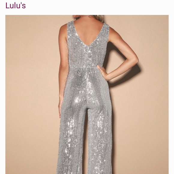 Lulu’s Silver Sequin Sleeveless Wide-Leg Jumpsuit - Picture 2 of 5
